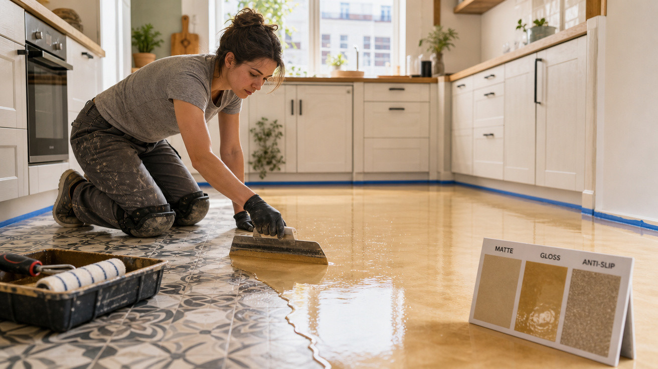 Mulher a aplicar resina brilhante num chão de azulejos numa cozinha moderna clara.