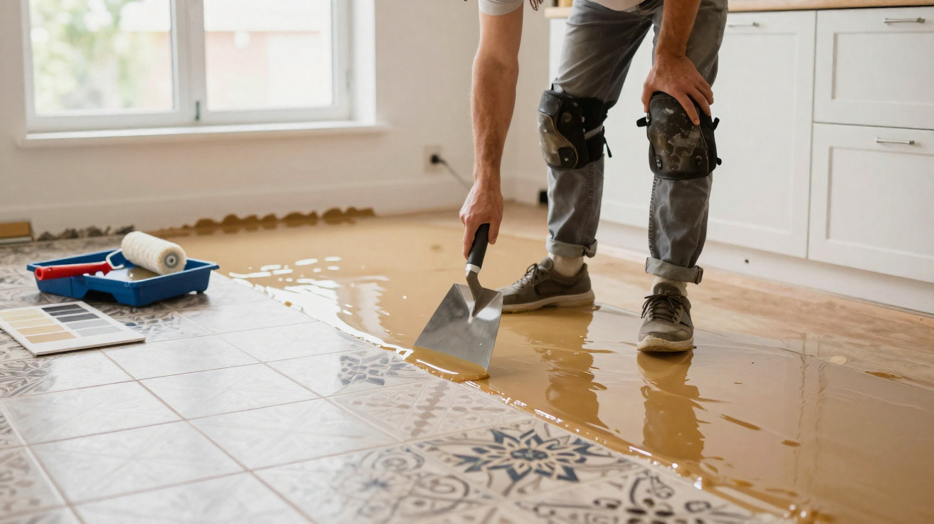 Homem a aplicar piso cerâmico decorado num chão de casa com espátula e joelheiras.