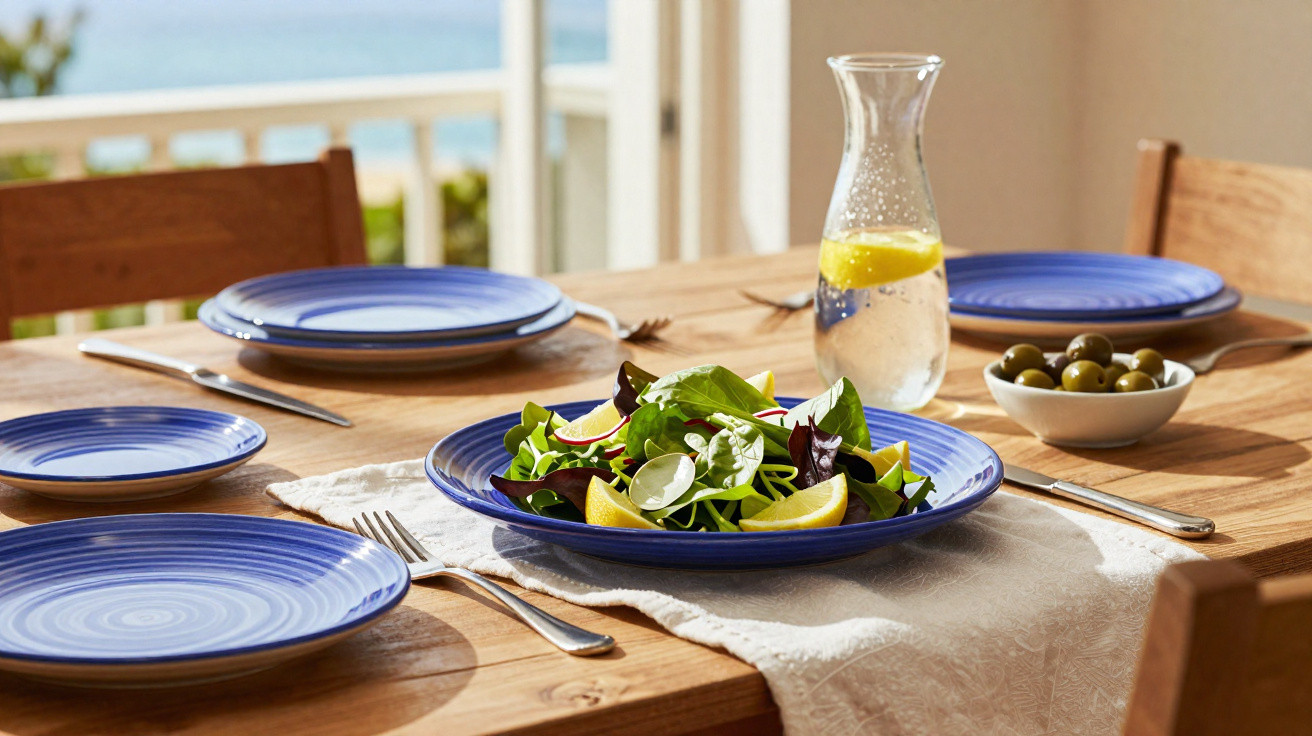 Mesa posta com salada, azeitonas, jarra de água com limão e pratos azuis junto a uma janela com vista mar.