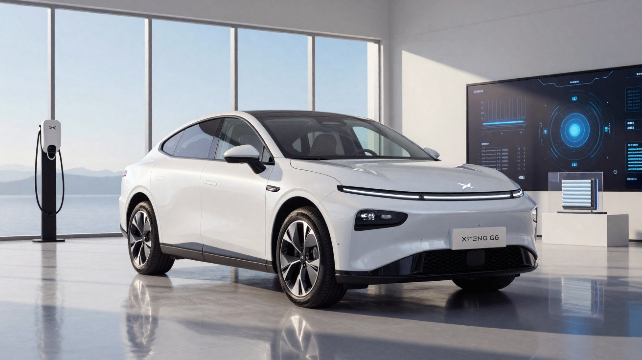 Carro elétrico branco XPeng G6 estacionado em showroom moderno com carregador e ecrã digital ao fundo.