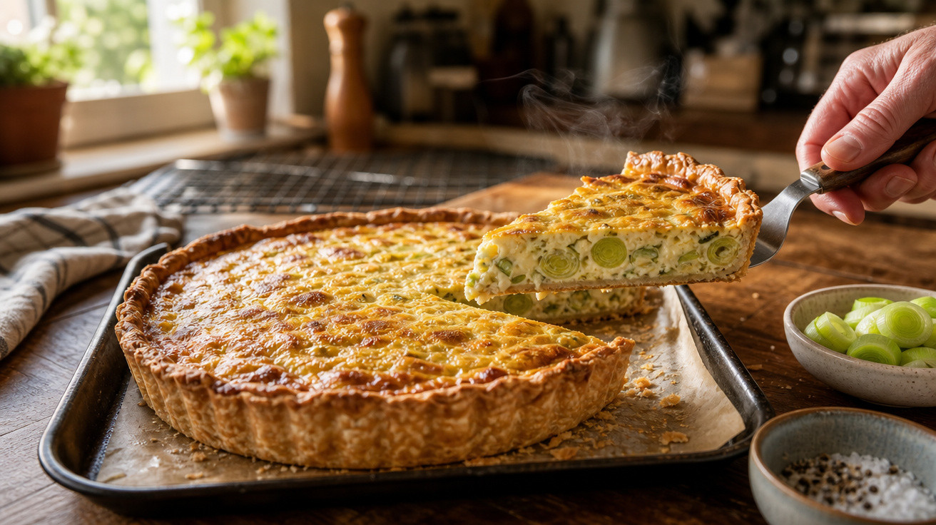 Tarte salgado de alho francês recém saída do forno, com vapor, sendo servida numa cozinha rústica.