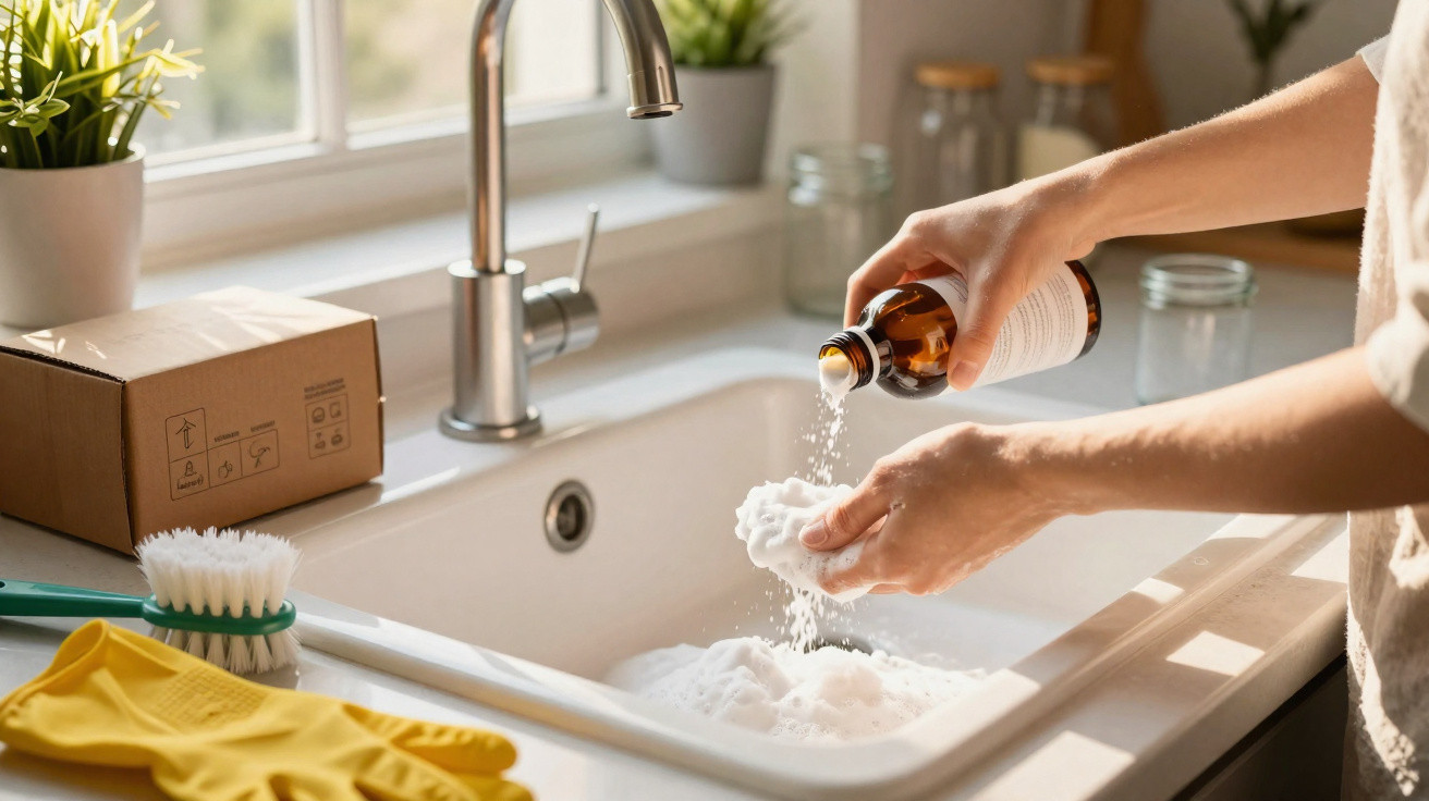 Pessoa a despejar detergente líquido nas mãos sobre uma pia de cozinha com espuma branca.