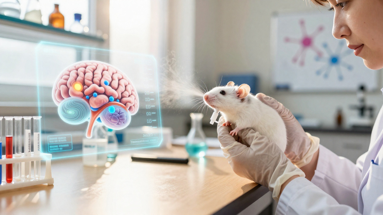 Investigadora segura rato branco num laboratório, com imagem digital do cérebro projetada no ar.