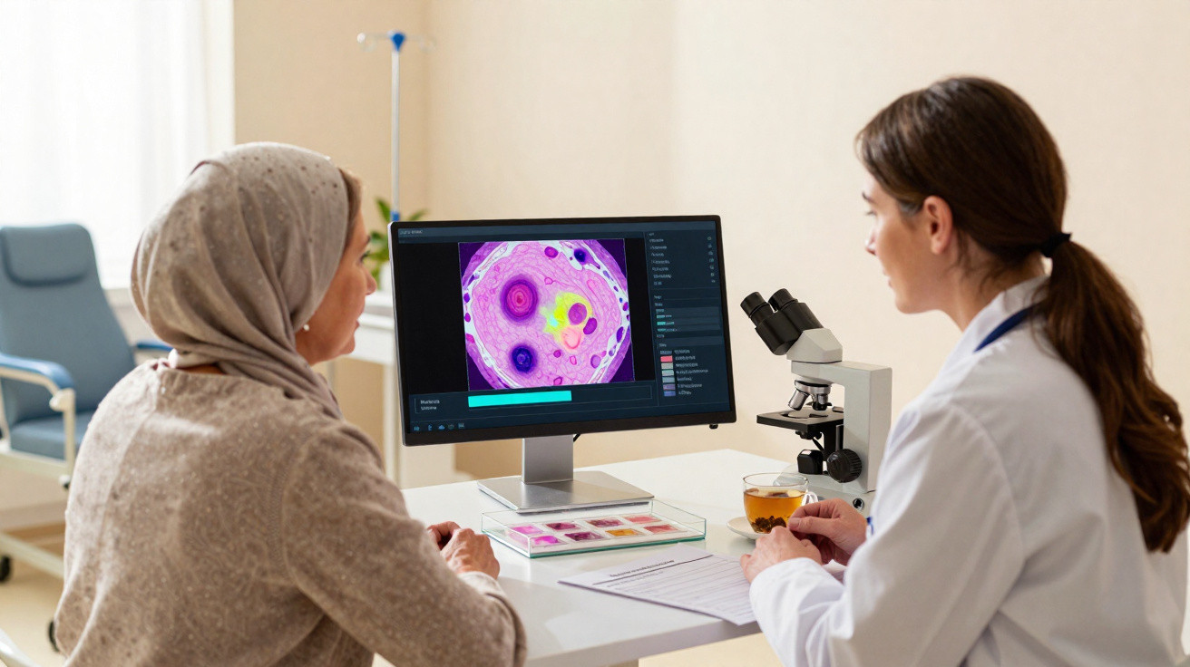 Doutora e paciente com lenço na cabeça a analisar imagens microscópicas num computador num consultório médico.