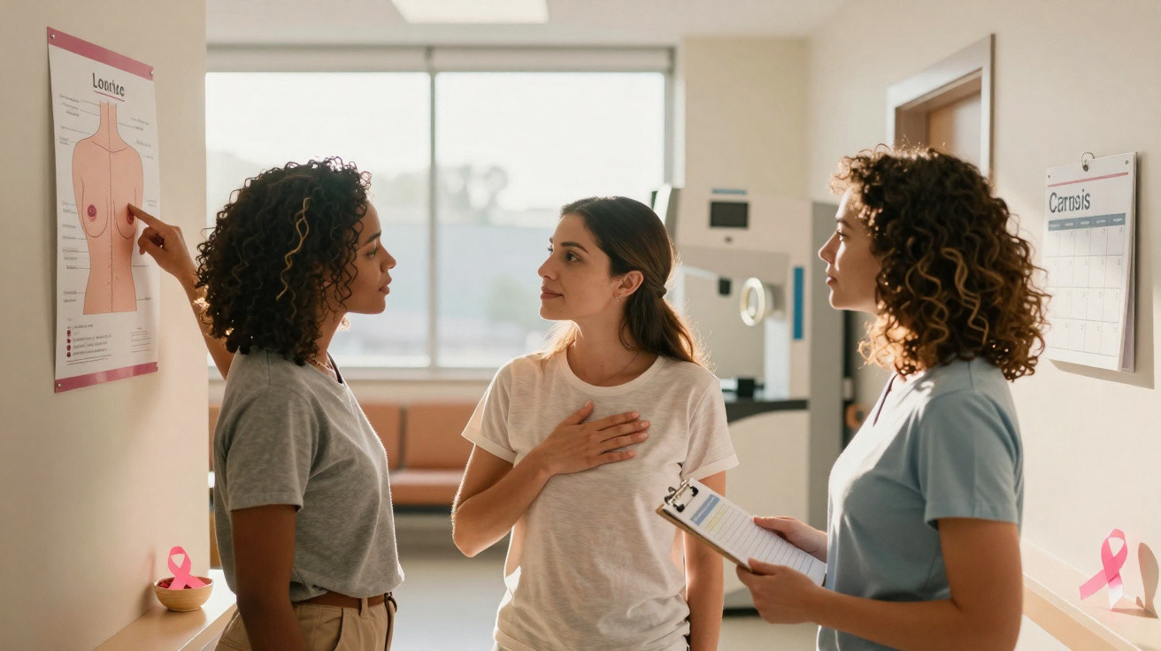 Três mulheres numa consulta médica, explicando o autoexame das mamas com um cartaz na parede.