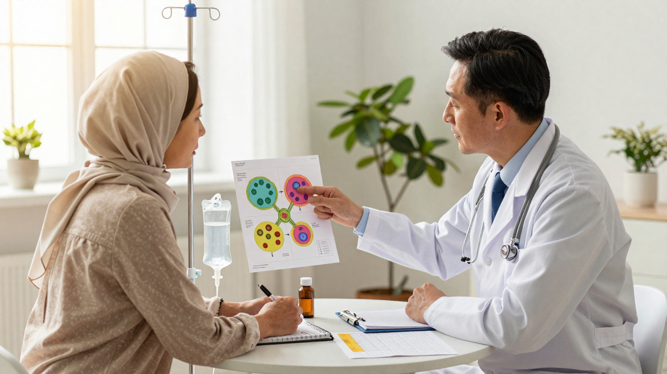 Médico explica diagnóstico com ilustração colorida a paciente com lenço na cabeça, numa consulta médica.