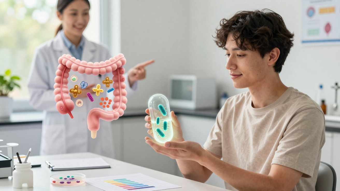 Homem segura cápsula gigante com bactérias, médica aponta para ilustração de intestino no consultório.