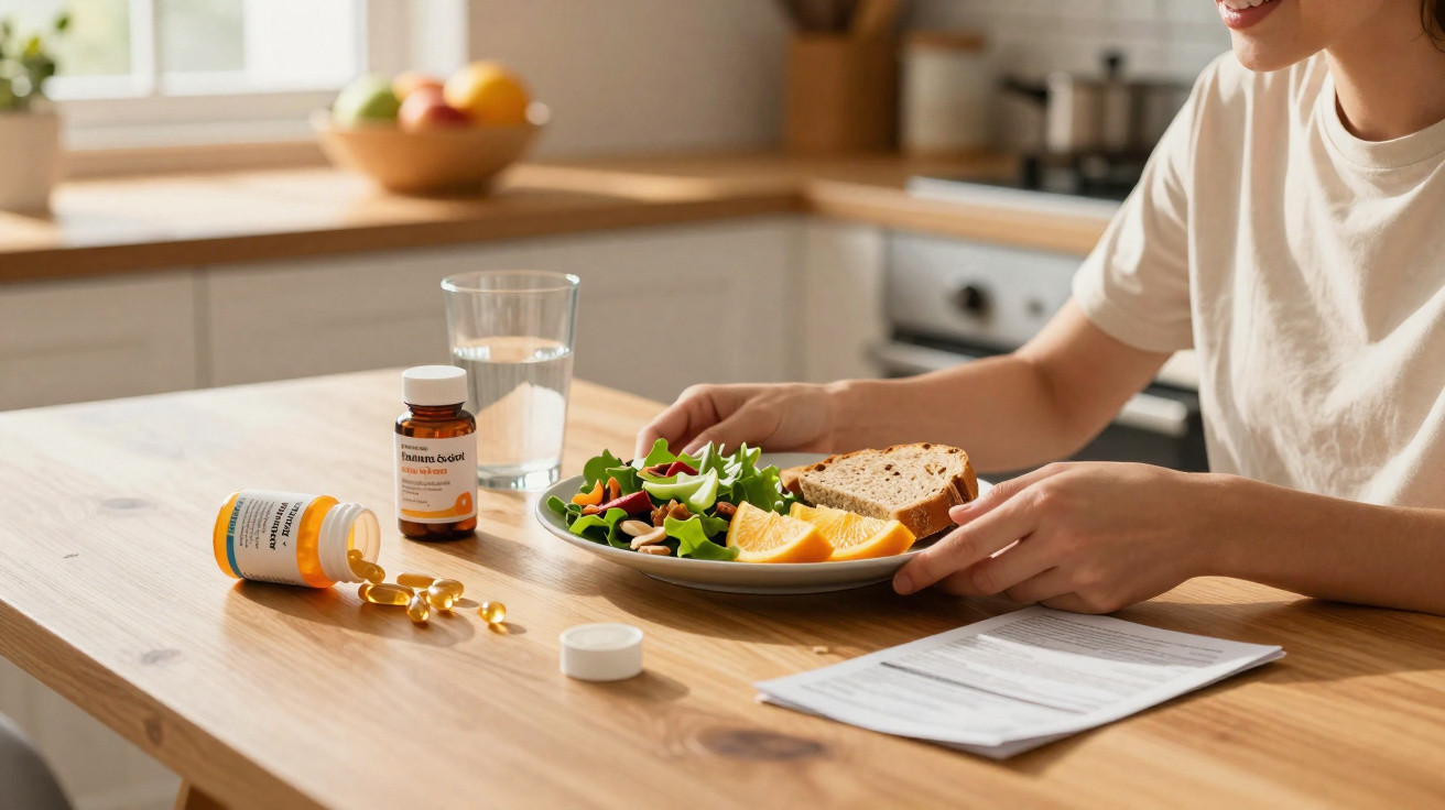 Pessoa sentada à mesa com prato de salada, fatias de pão, laranja, e suplementos alimentares em cápsulas.