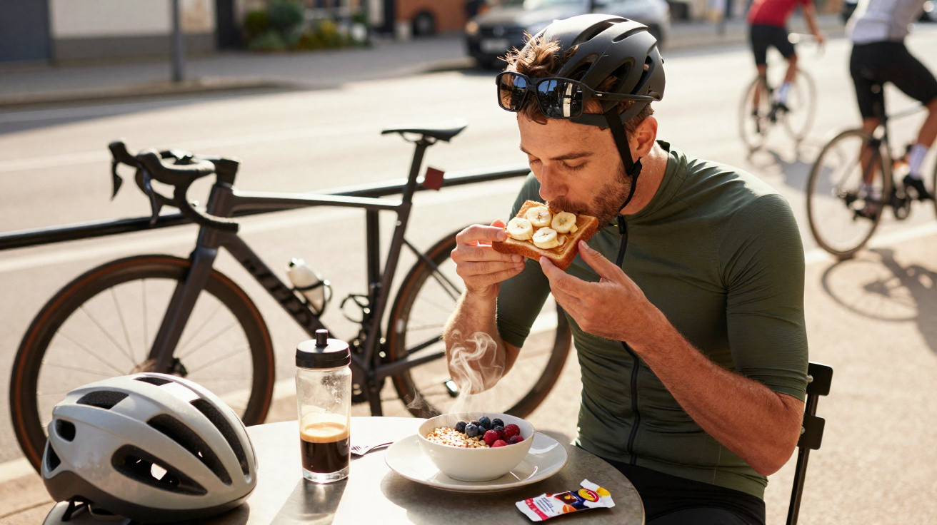 Homem em equipamento de ciclismo a comer uma fatia de pão com banana numa esplanada urbana.
