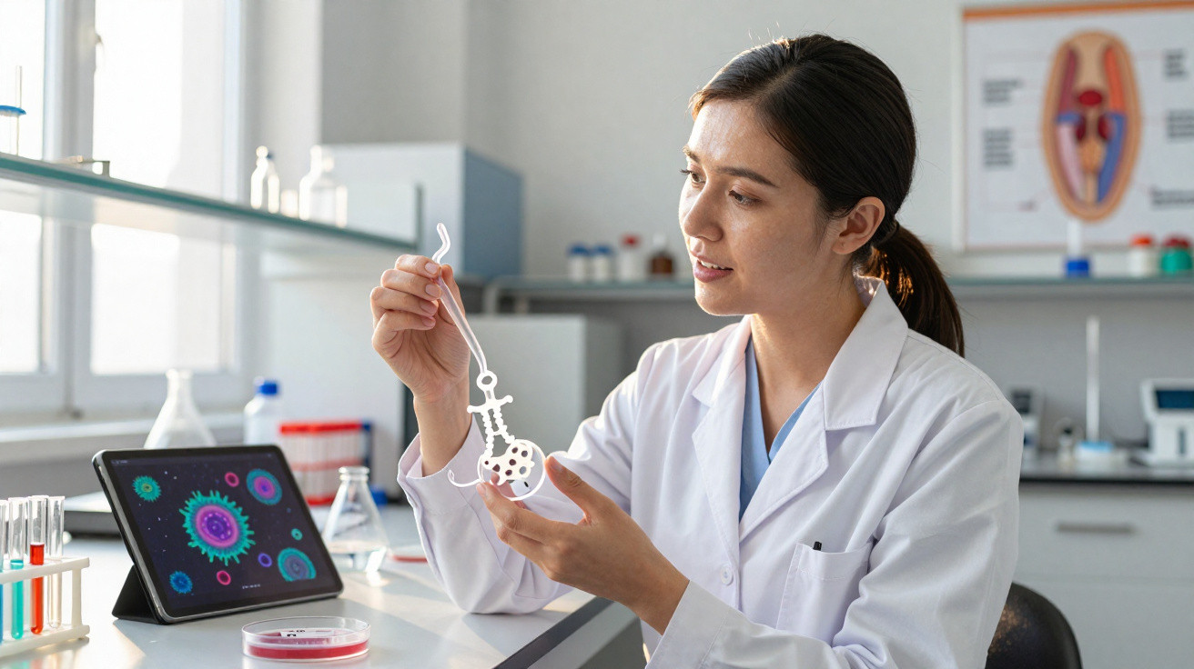 Cientista a analisar modelo de estrutura molecular num laboratório com tablet e material de estudo.