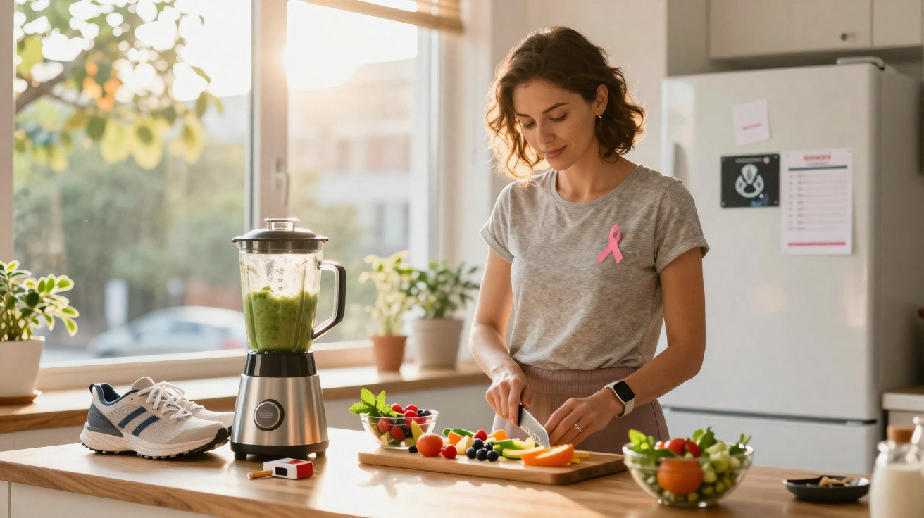Mulher a cortar fruta numa cozinha luminosa com liquidificador e ténis na bancada.