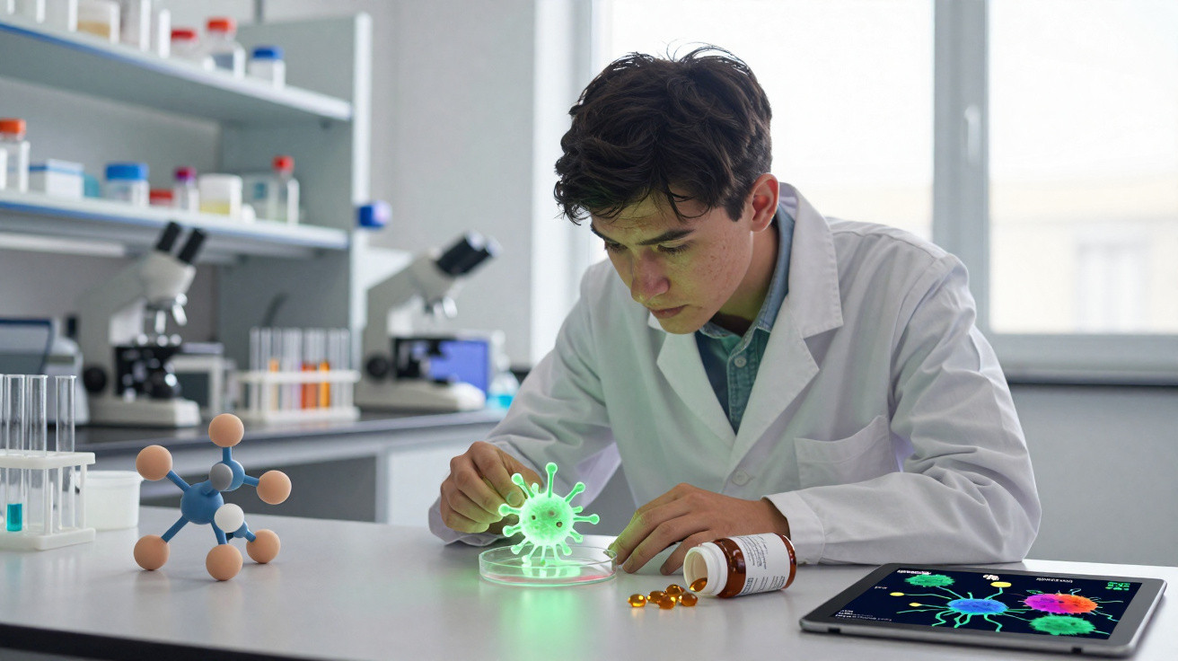Cientista jovem analisa modelo digital de vírus verde fluorescente numa placa de Petri num laboratório.