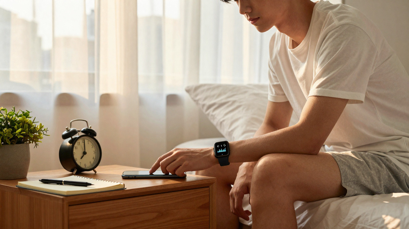 Homem sentado na cama a usar smartphone e relógio inteligente numa mesa de cabeceira com relógio analógico.
