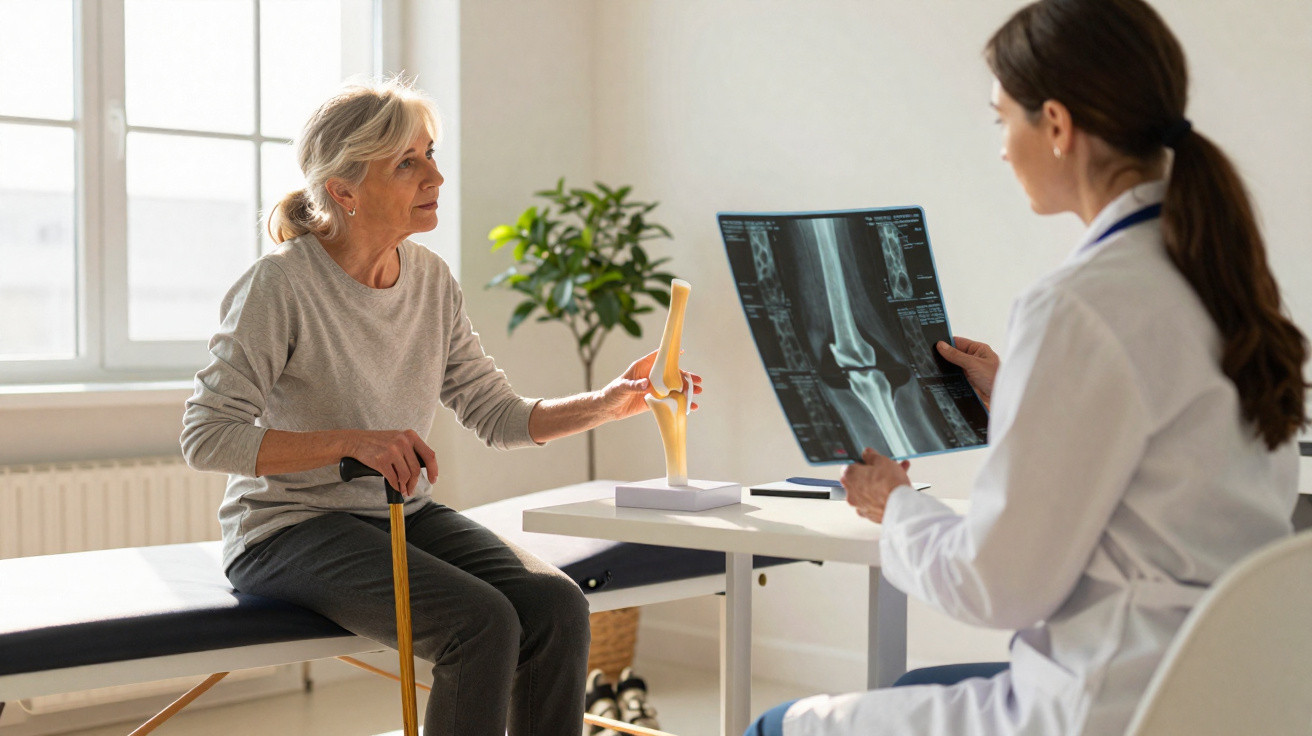 Idosa com bengala conversa com médica que analisa uma radiografia do joelho num consultório claro.