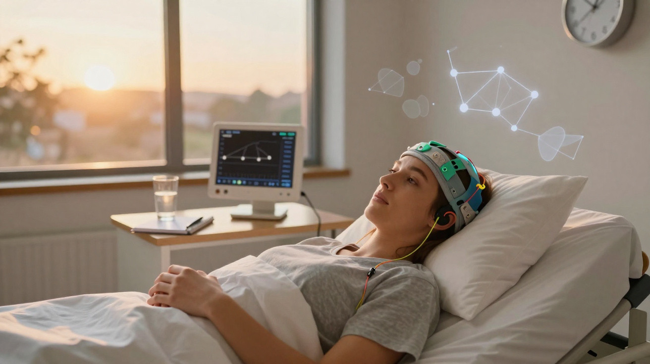 Mulher deitada numa cama de hospital com capacete tecnológico ligado a monitor, numa sala iluminada ao pôr do sol.