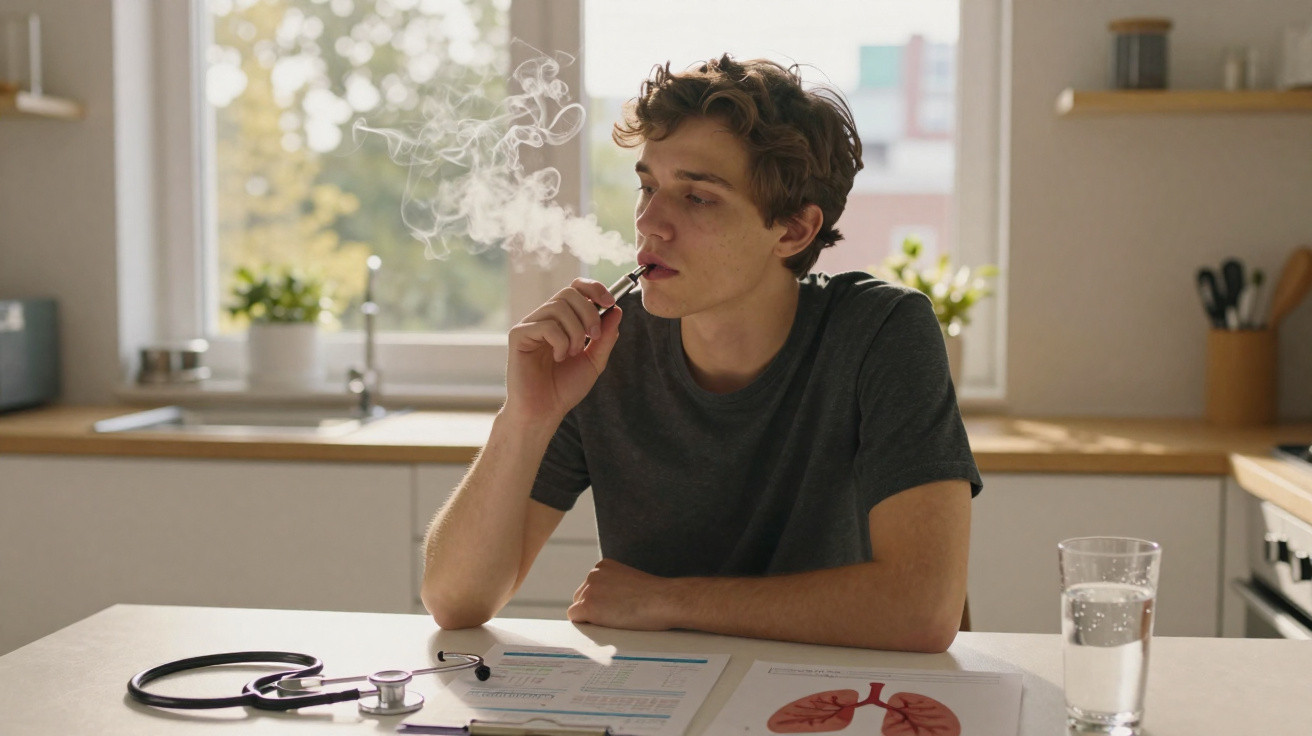 Jovem sentado à mesa a fumar um cigarro eletrónico numa cozinha luminosa, com material médico à sua frente.