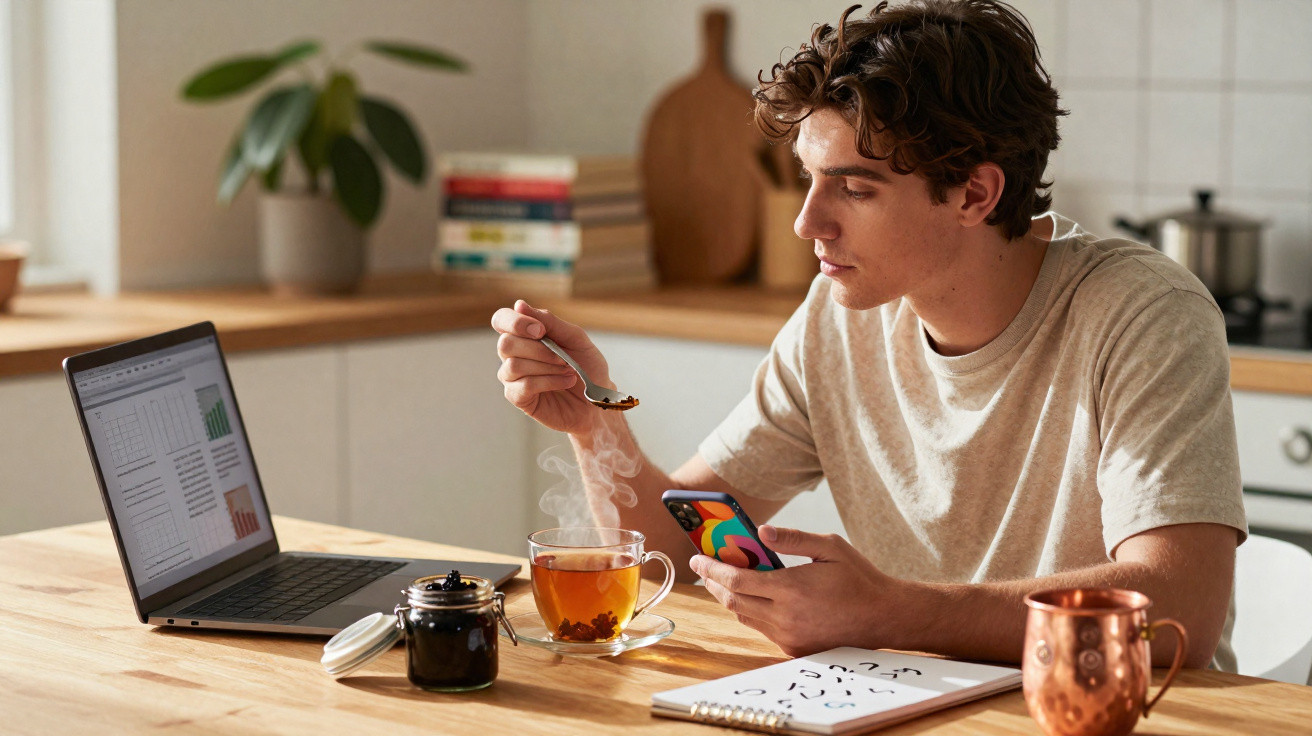 Jovem sentado à mesa, a usar telemóvel e a beber chá quente, com computador portátil aberto e caderno.