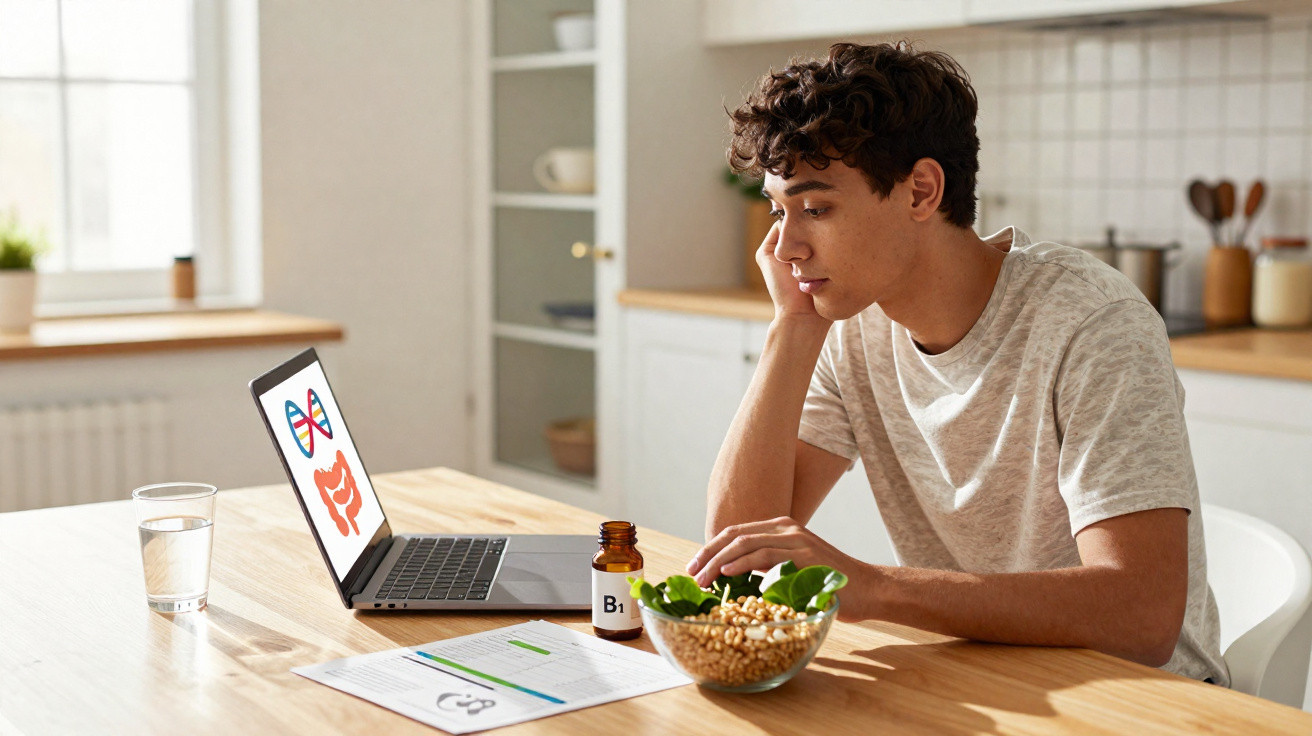 Rapaz a estudar ilustrações do sistema digestivo no computador numa cozinha com comida saudável à sua frente.