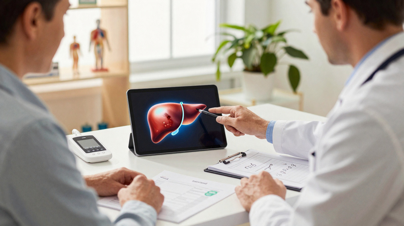 Médico a mostrar e a explicar imagem digital do fígado a paciente durante consulta num consultório.