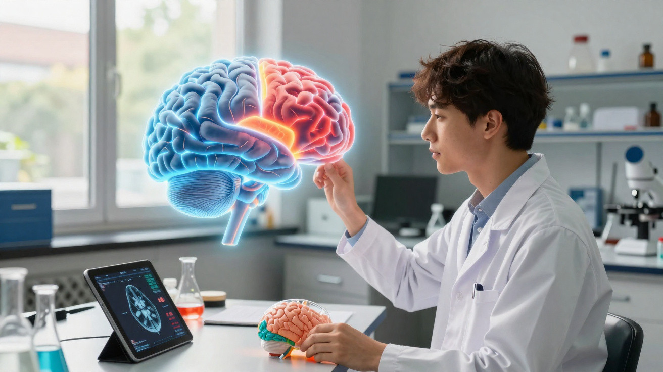 Cientista em laboratório a analisar cérebro 3D digital e modelo anatómico de cérebro humano.