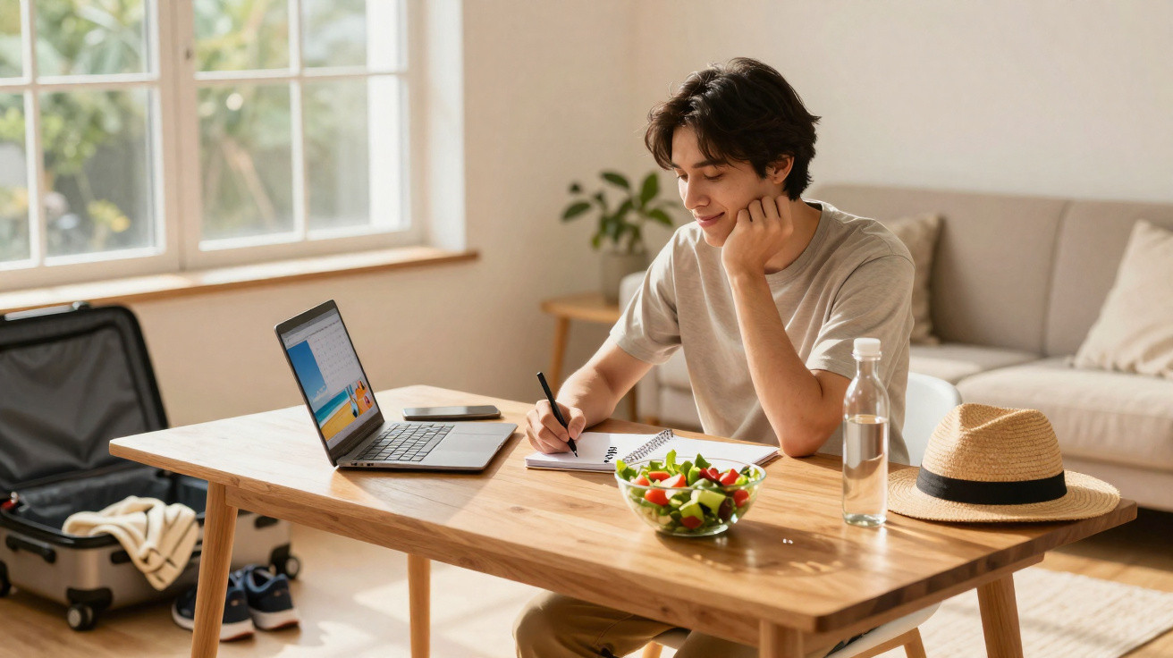 Jovem sentado a escrever num caderno, com computador, salada, água e chapéu numa mesa de madeira.