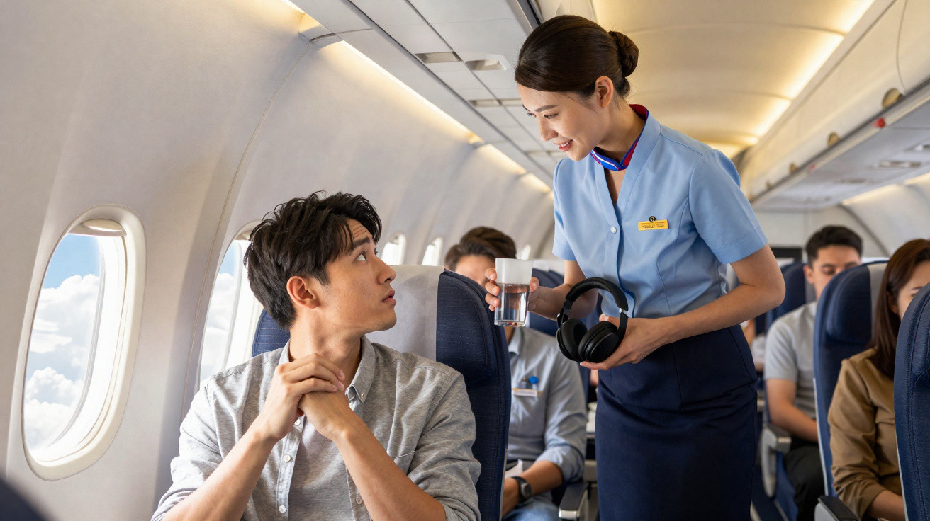 Comissária de bordo a servir copo de água a passageiro sentado junto à janela num avião.