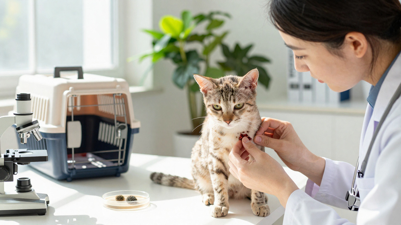 Veterinária administra medicamento a gato cinzento num consultório com equipamento e transporte para animais.