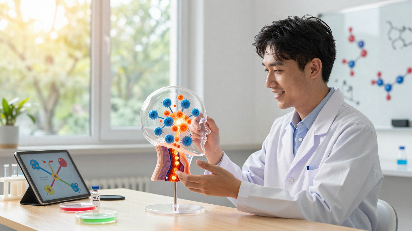 Cientista em bata branca examina modelo iluminado de cabeça humana com vírus na mesa de laboratório.