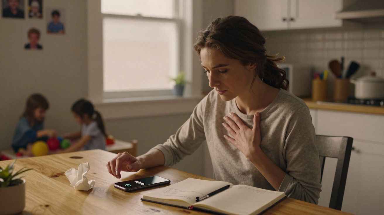 Mulher preocupada sentada à mesa com lenço, telefone e caderno, enquanto crianças brincam ao fundo.