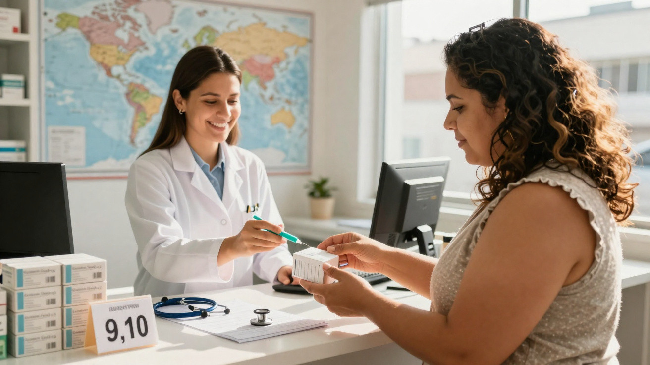 Médica entrega medicamento a paciente num consultório com mapa-múndi ao fundo.