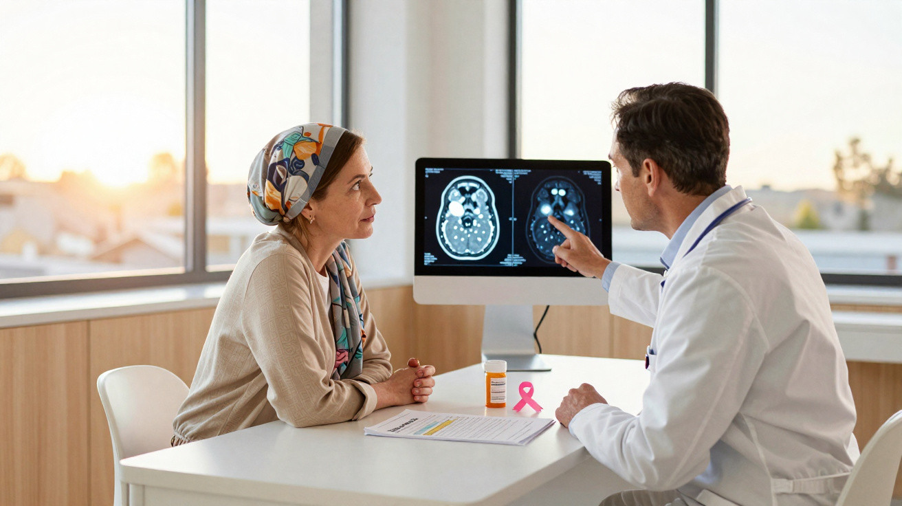 Médico explica resultados de tomografia cerebral a paciente com lenço na cabeça num consultório iluminado.