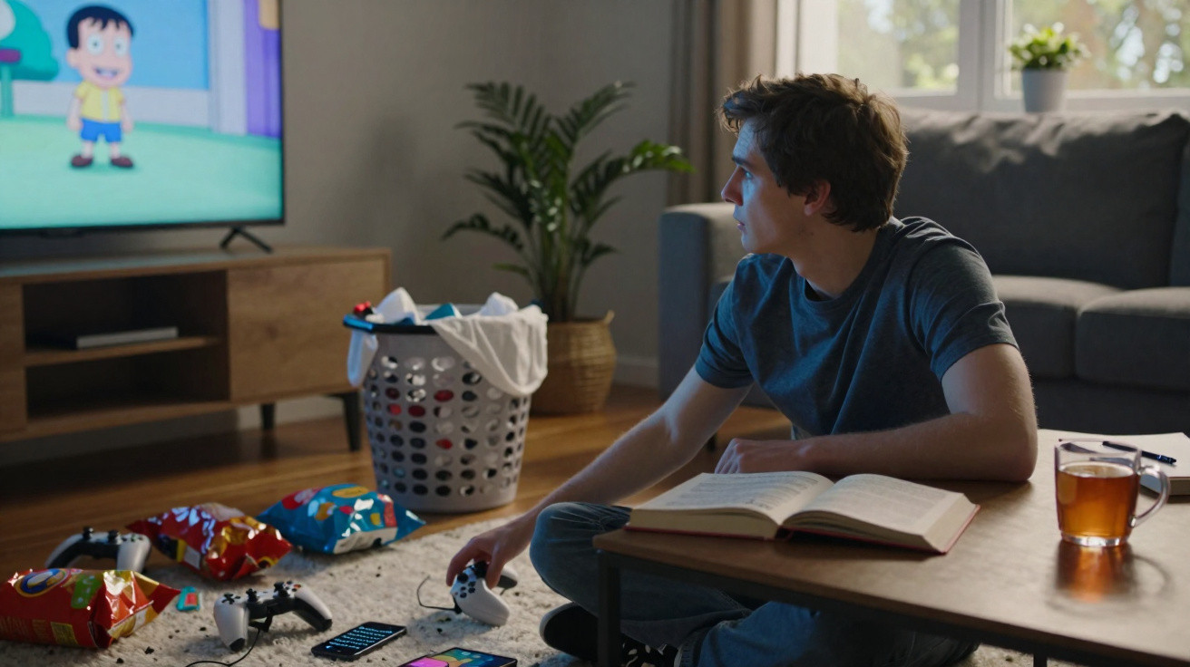Jovem sentado no chão entre comandos e snacks, olha para televisão a ver desenho animado.
