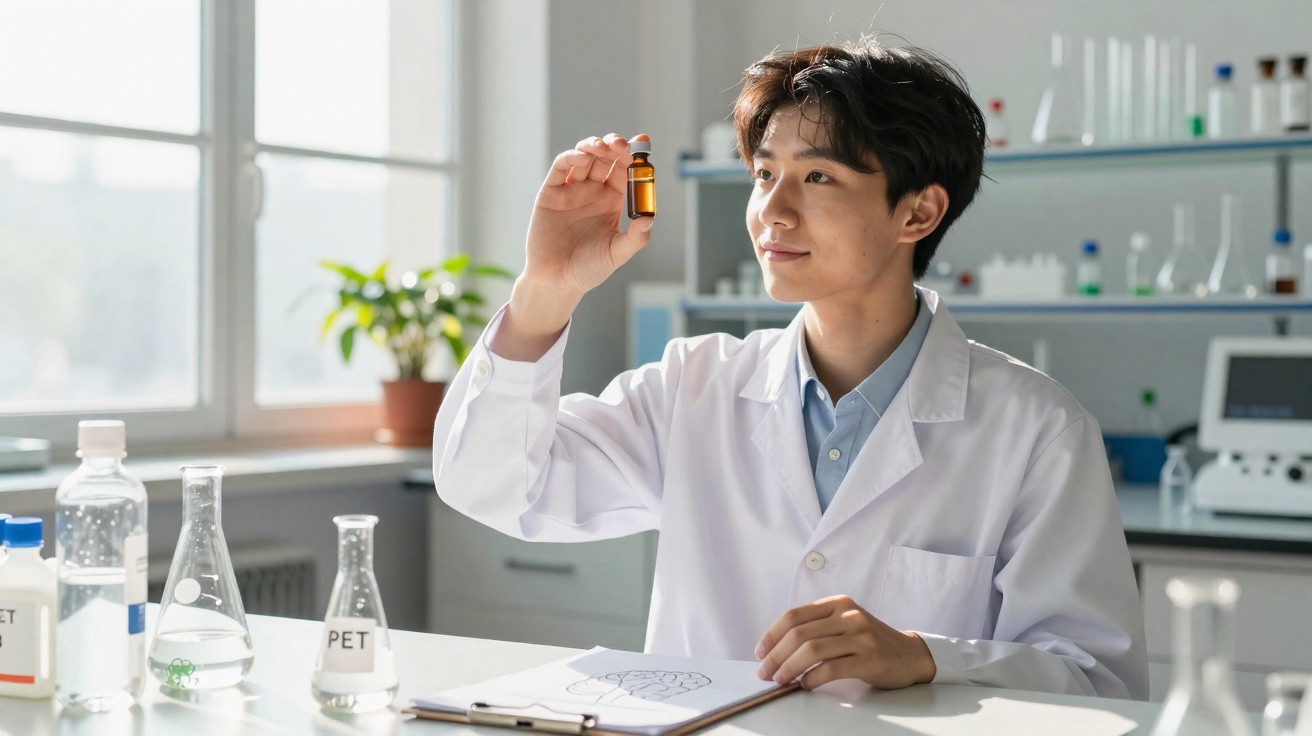 Homem com bata branca observa amostra em frasco num laboratório iluminado junto a janelas grandes.