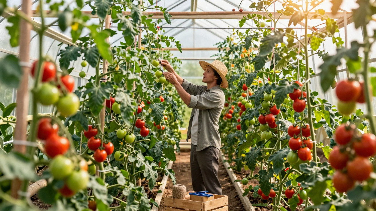 Homem a colher tomates vermelhos maduros numa estufa cheia de plantas de tomateira.