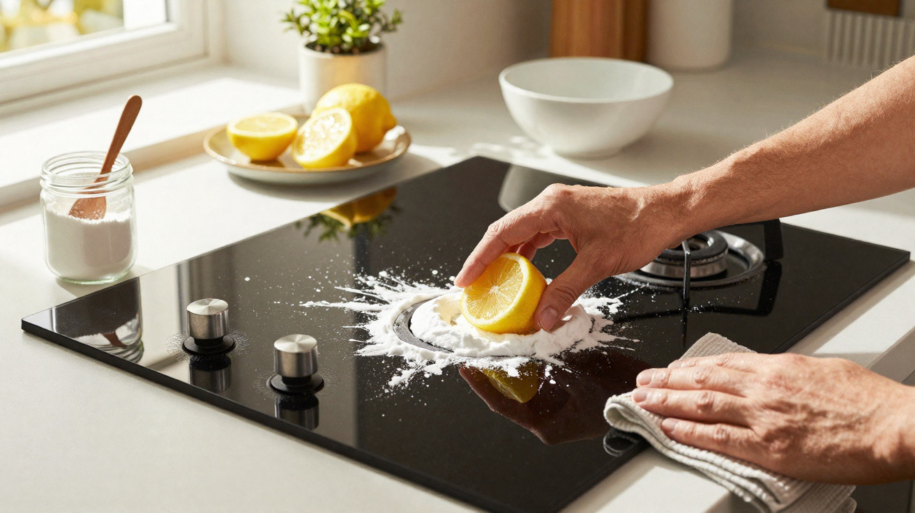 Pessoa a limpar placa de fogão com limão e pó branco, pano na mão e frutas ao fundo na cozinha.