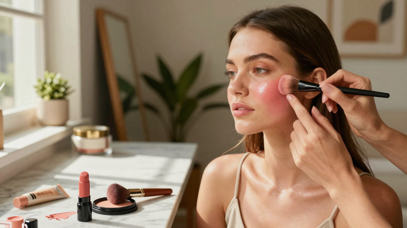 Mulher a receber maquilhagem, com pincel a aplicar blush nas bochechas, em ambiente iluminado e descontraído.