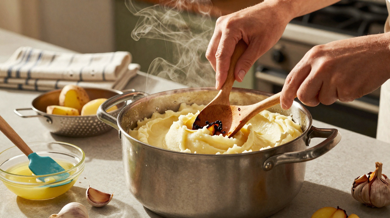 Mãos mexendo puré de batata fumegante numa panela com ingredientes e utensílios de cozinha ao redor.