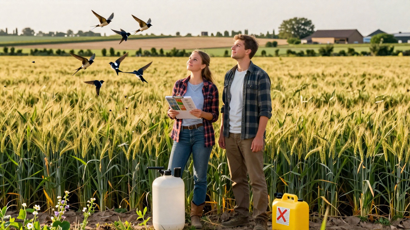 Jovem casal na plantação de trigo observa pássaros com equipamentos agrícolas ao redor.