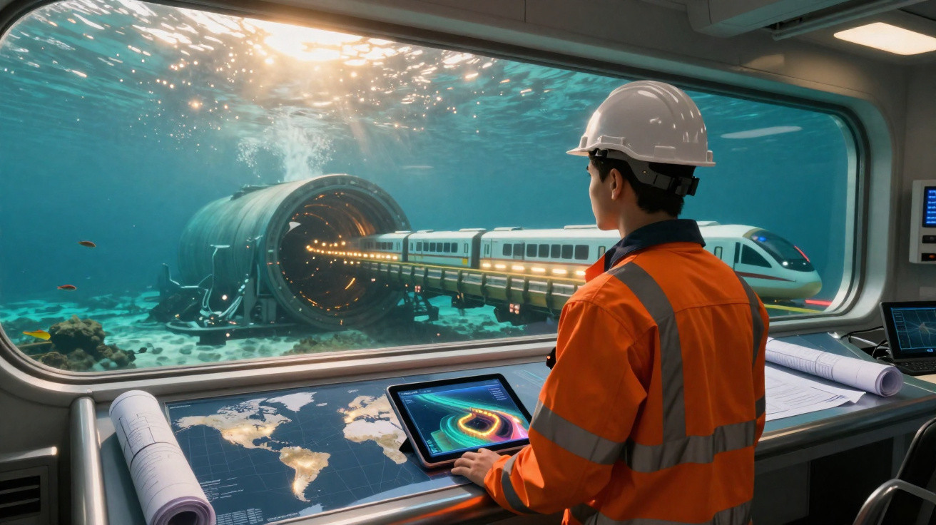 Engenheiro com equipamento de segurança controla comboio futurista num túnel subaquático.