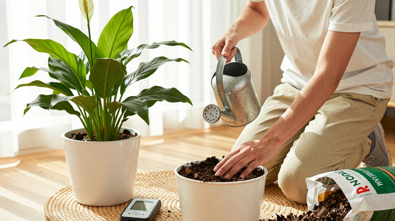 Pessoa a cuidar de plantas em vaso, regando e preparando o solo num ambiente interior iluminado.