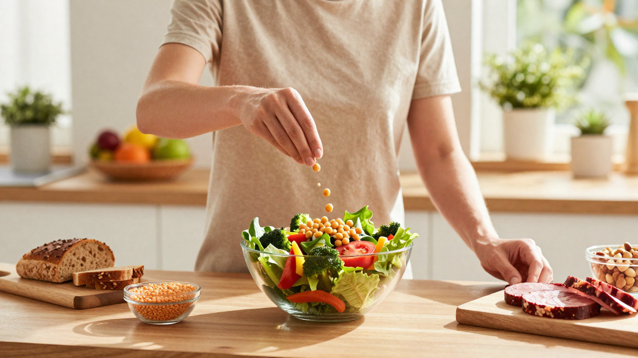 Pessoa tempera salada com grão-de-bico numa cozinha iluminada, com pão e legumes à volta.