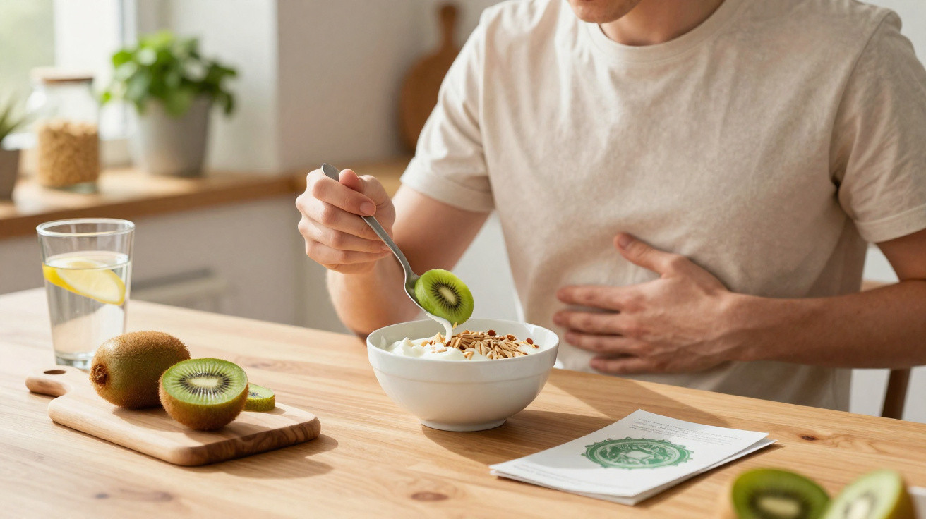 Pessoa a sentir dor de estômago enquanto come iogurte com kiwi e granola numa mesa de madeira.