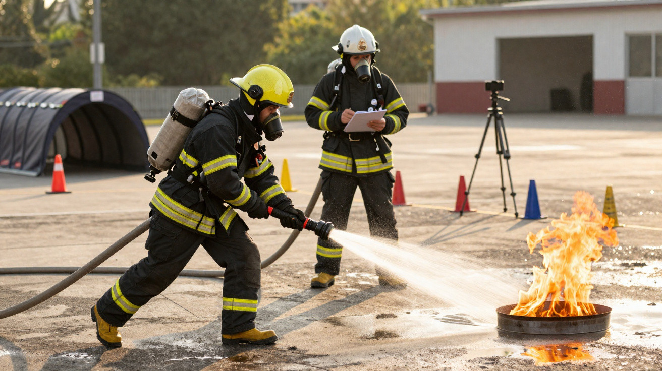 Bombeiros com equipamento de proteção a apagar fogo num exercício ao ar livre junto a cones coloridos.