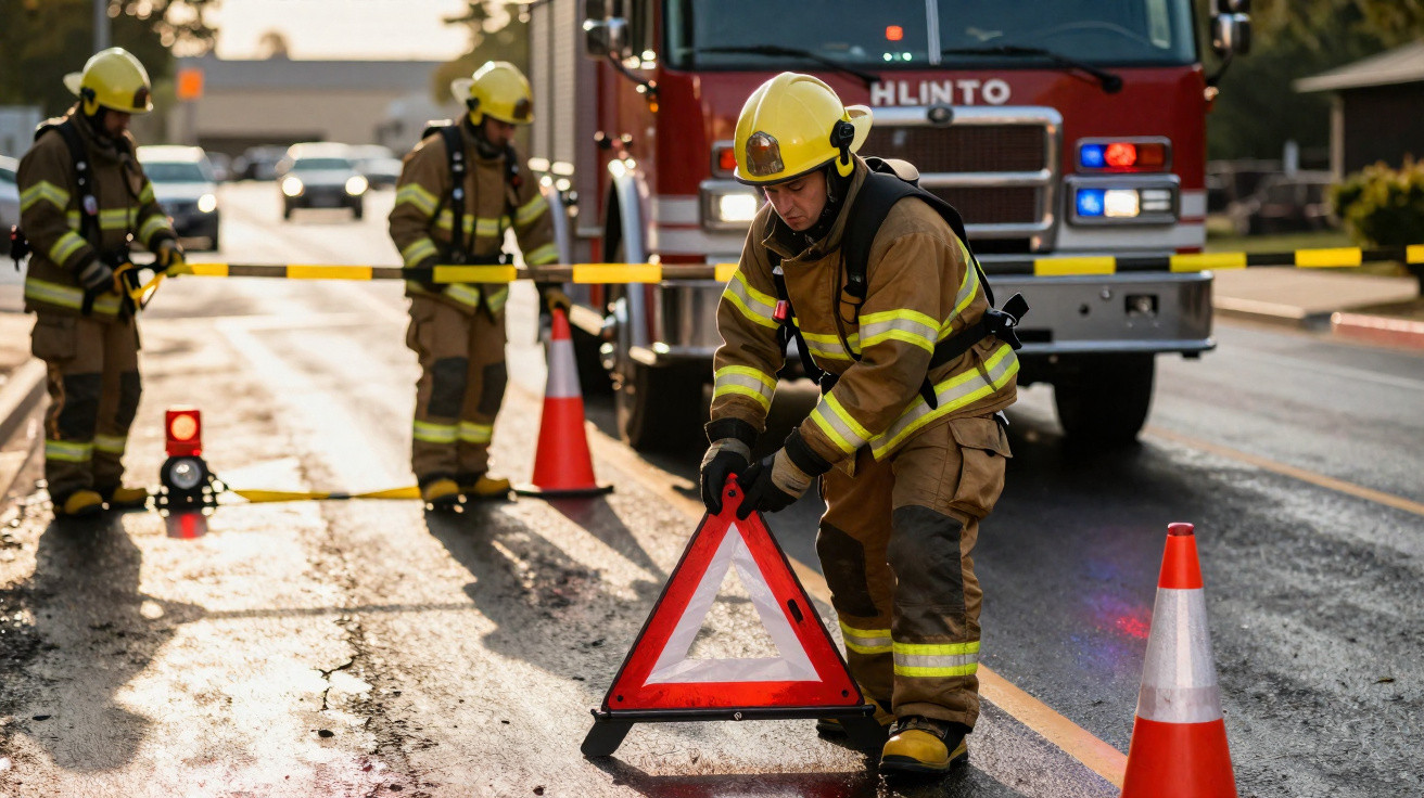 Bombeiros a colocar triângulo de sinalização em estrada, com carro de bombeiros e cones de trânsito ao fundo.