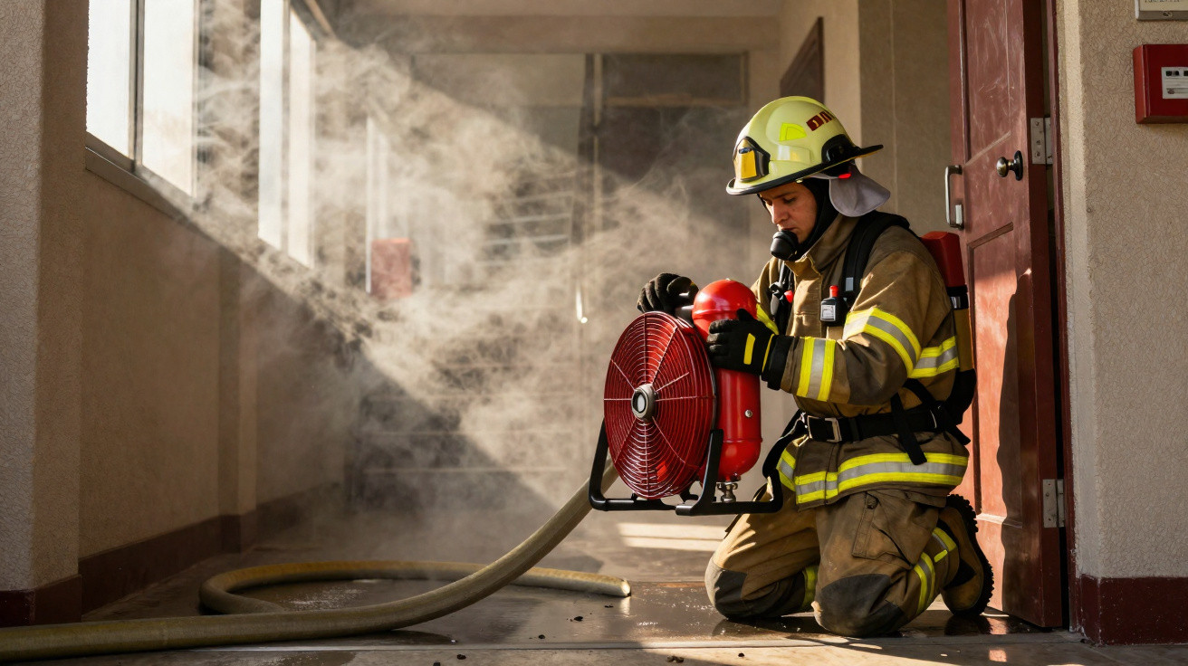 Bombeiro em equipamento completo a ligar ventilador numa área com fumo para controlar incêndio.