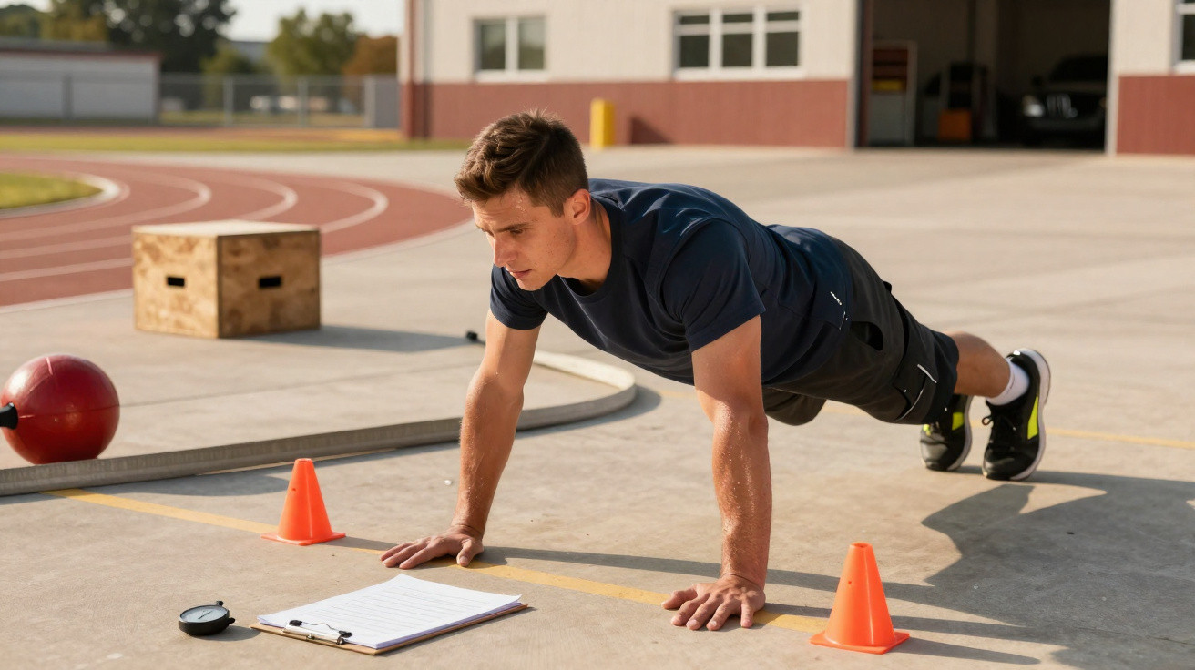 Homem a fazer flexões num campo desportivo com equipamentos de treino ao lado.