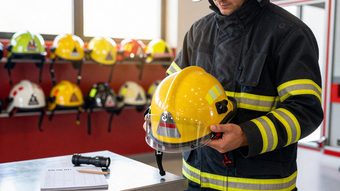 Bombeiro vestido com equipamento de proteção a segurar capacete amarelo num centro de bombeiros com capacetes ao fundo.