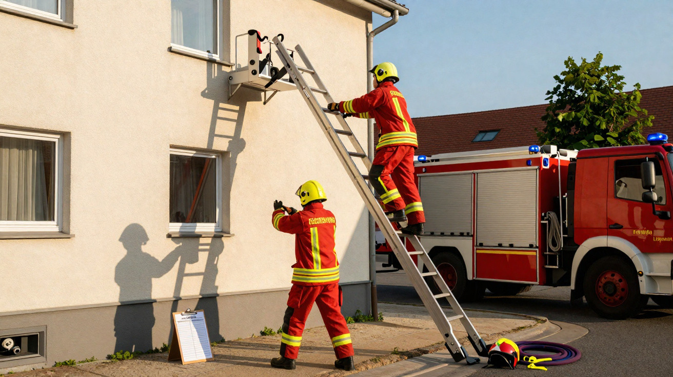 Dois bombeiros em uniforme a usar uma escada para aceder a uma janela num edifício residencial, junto a um camião de bombeiro