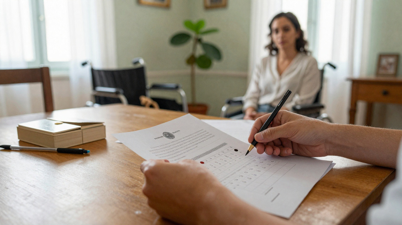 Pessoa a preencher formulário numa mesa, com duas mulheres a conversar ao fundo numa sala iluminada.