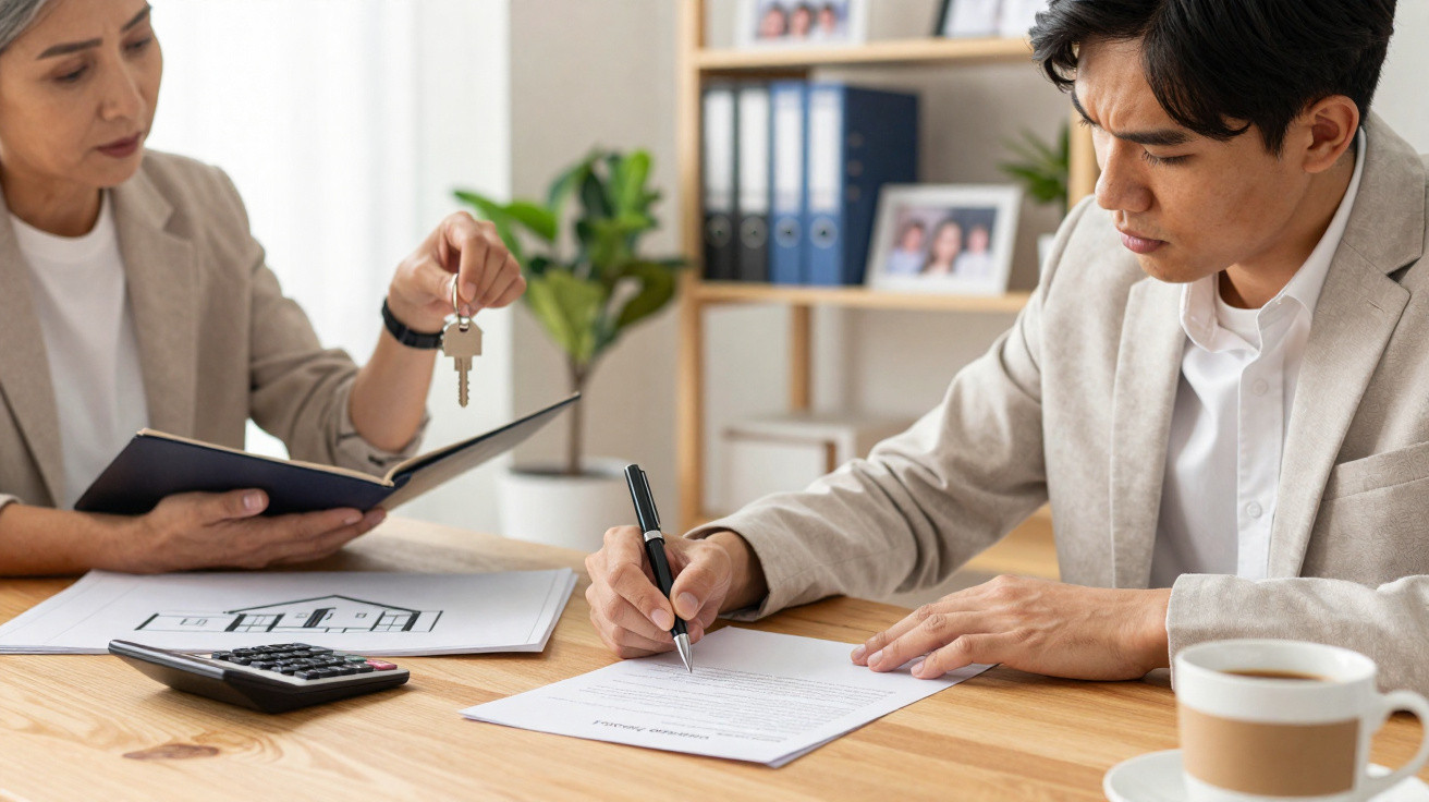 Casal assina contrato de compra de casa com chave e planta na mesa à frente.